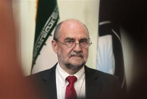 International Atomic Energy Agency's chief inspector Herman Nackaerts briefs the media at the Iranian embassy in Vienna