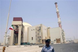 A security official stands in front of the Bushehr nuclear reactor