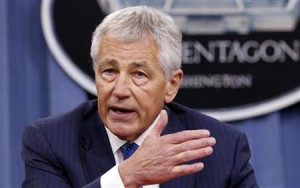 U.S. Defense Secretary Chuck Hagel speaks during a briefing on the Defense Department's FY2014 budget at the Pentagon in Washington