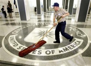 The logo of the U.S. Central Intelligence Agency is swept in the lobby of the CIA headquarters in Langley.