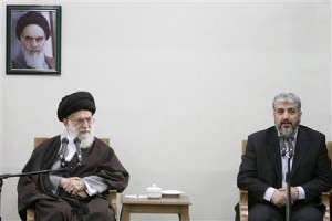 File picture shows Iran's Supreme Leader Ayatollah Khamenei looking on as Hamas leader Meshaal speaks during official meeting in Tehran