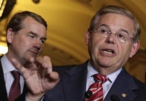 Senate Foreign Relations Committee Chairman Robert Menendez speaks to the media after the Senate passed the immigration bill on Capitol Hill in Washington