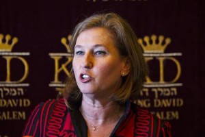 Israel's Justice Minister Livni delivers a statement before her meeting with France's Foreign Minister Fabius in Jerusalem