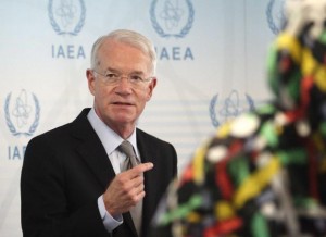 U.S. International Atomic Energy Agency IAEA ambassador Macmanus talks to the media during an IAEA meeting in Vienna