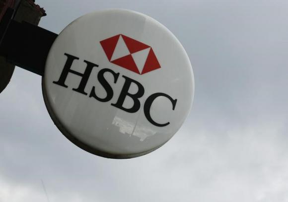 The signage of the HSBC bank is seen at a branch at Hayes in west London
