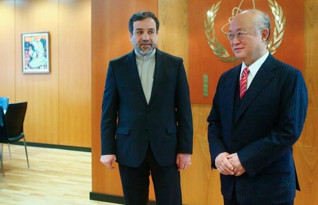 International Atomic Energy Agency (IAEA) Director General Yukiya Amano (R) welcomes Iran's chief nuclear negotiator Abbas Araghchi in his office at the IAEA headquarters in Vienna February 24, 2015. REUTERS/Heinz-Peter Bader