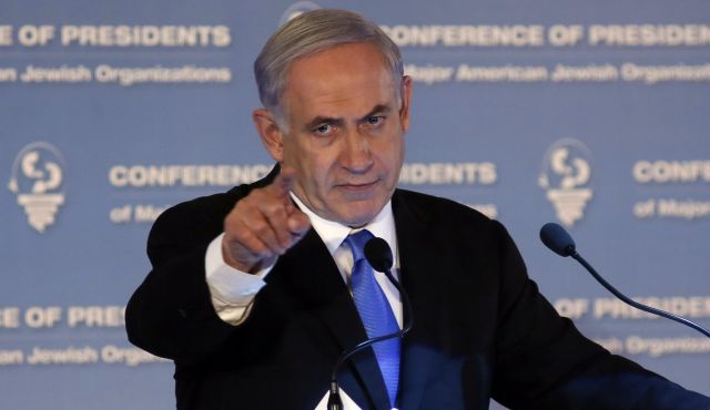 Prime Minister Benjamin Netanyahu delivers a speech during the Presidents Conference of Major American Jewish Organizations in Jerusalem, February 16, 2015. Photo by AFP