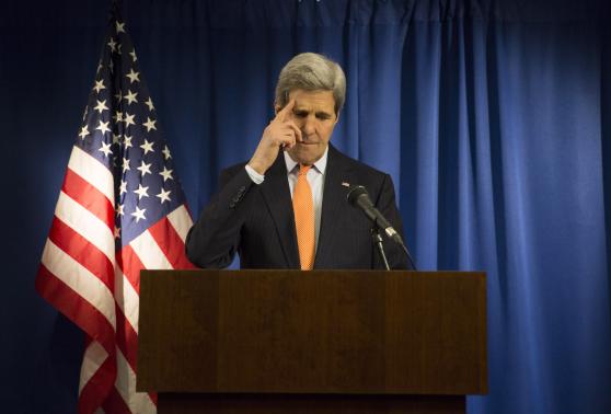 U.S. Secretary of State John Kerry reacts during a media briefing at the U.S. Embassy in London, February 21, 2015. CREDIT: REUTERS/NEIL HALL (BRITAIN - TAGS: POLITICS)