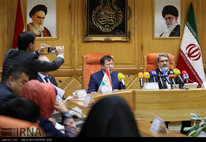 Iranian Interior Minister Abdolreza Rahmani-Fazli (R) meets with Tajikistan Interior Minister Major General Ramadan Rahimzadeh in Tehran on February 19, 2015.