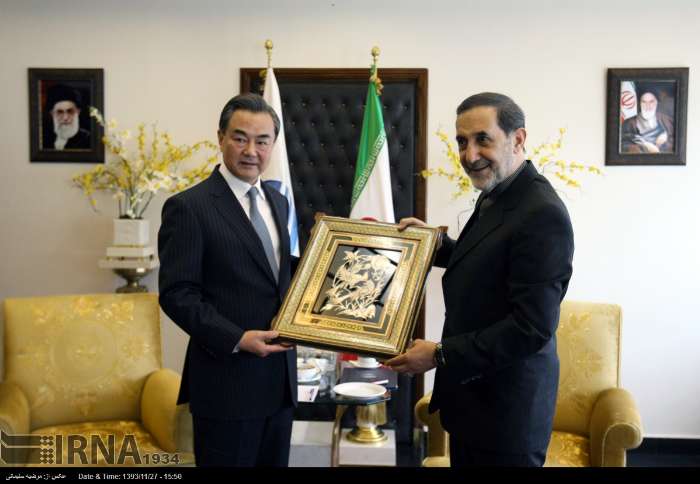 Head of Iran's Strategic Research Studies Center at the Expediency Council Ali Akbar Velayati meets Chinese Foreign Minister Wang Yi in Tehran