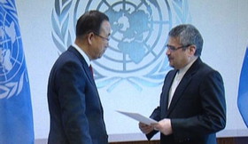 Iran's new Ambassador to the United Nations, Gholamali Khoshroo submits his credentials to the UN Secretary General Ban Ki-moon on February 17, 2015.