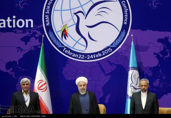 Iranian Science, Research and Technology Minister Mohammad Farhadi(L), President Rouhani(M) and Chief of Staff of Presidential Office Nahavandian(R) attend NAM Ministers of Technology summit in Tehran on February 23, 2015.