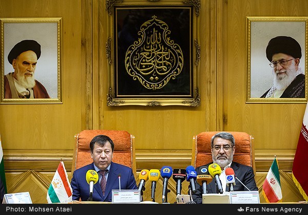 Iranian Minister of Interior Abdolreza Rahmani Fazli visits his Tajik counterpart Lieutenant-General Ramazan Rahimzadeh in Tehran on February 19, 2015.