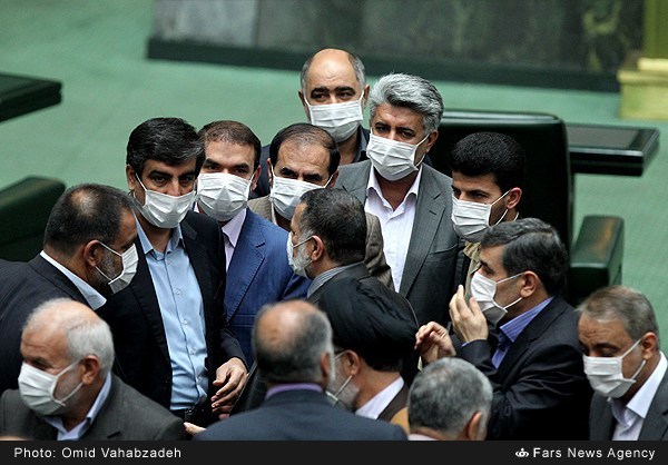 Iranian lawmakers wore medical face masks in parliament in a show of solidarity with residents of their areas battling pollution from strong sandstorms on February 15, 2015.