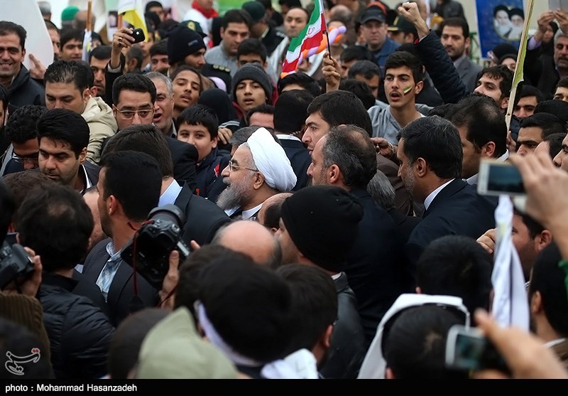 Irans President Rouhani attends rally on the 36th anniversary of Islamic Revolution.