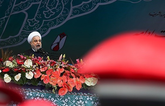 Irans President Rouhani addresses rally on the 36th anniversary of Islamic Revolution.