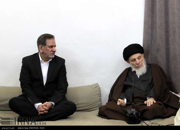 Grand Ayatollah Sayyid Muhammad Sa'id al-Hakim meets Iran's first VP in iraq on February 18, 2015.