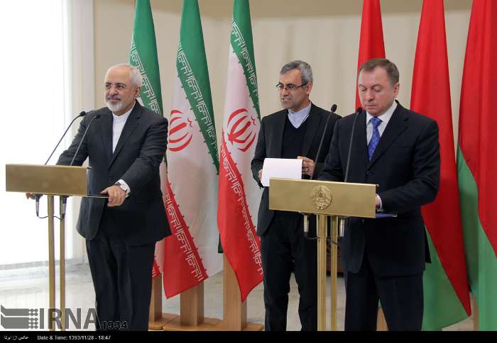 Belarus FM Vladimir Maki and Iraninan FM Zarif hold joint press conference in Minsk on February 17, 2015.