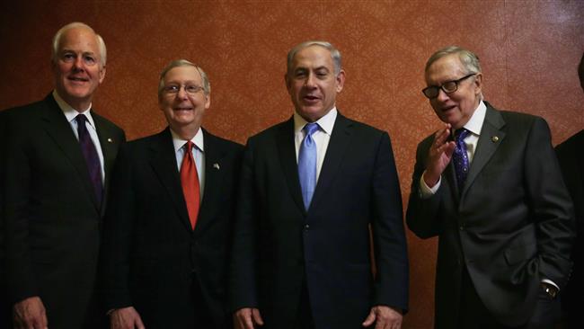 Israeli Prime Minister Benjamin Netanyahu (3rd L) poses for a photograph with US Senate Majority Leader Sen. Mitch McConnell (R-KY) (2nd L), Senate Minority Leader Sen. Harry Reid (D-NV) (4th L), and Senate Majority Whip Sen. John Cornyn (R-TX) (L) prior to a meeting at the US Capitol, March 3, 2015 in Washington, DC.