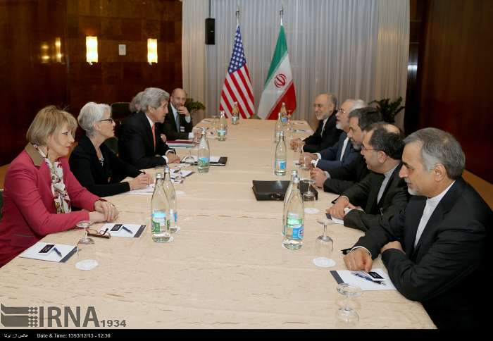 The photo shows representatives of Iran (R), the United States and the European Union during their fourth round of talks in Montreux, Switzerland, March 4, 2015.