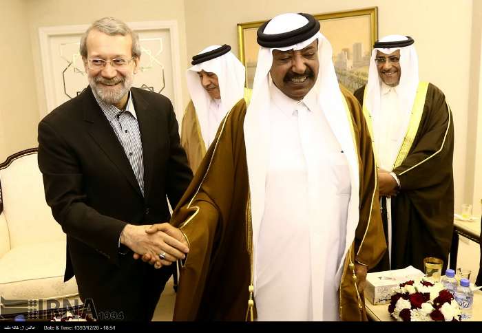 Iranian Parliament Speaker Ali Larijani (L) meets Qatari counterpart, Muhammad Bin Mubarak Bin Saleh al-Khalifi on March 11, 2015.