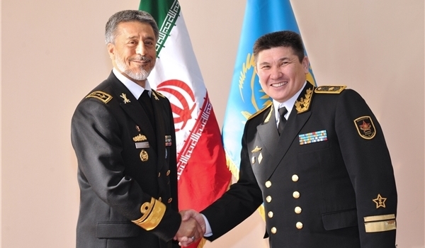 Iran's navy commander Rear Admiral Habibollah Sayyari (L) & Kazakh Navy Commander Rear Admiral Zhandarbek Zhanzakov