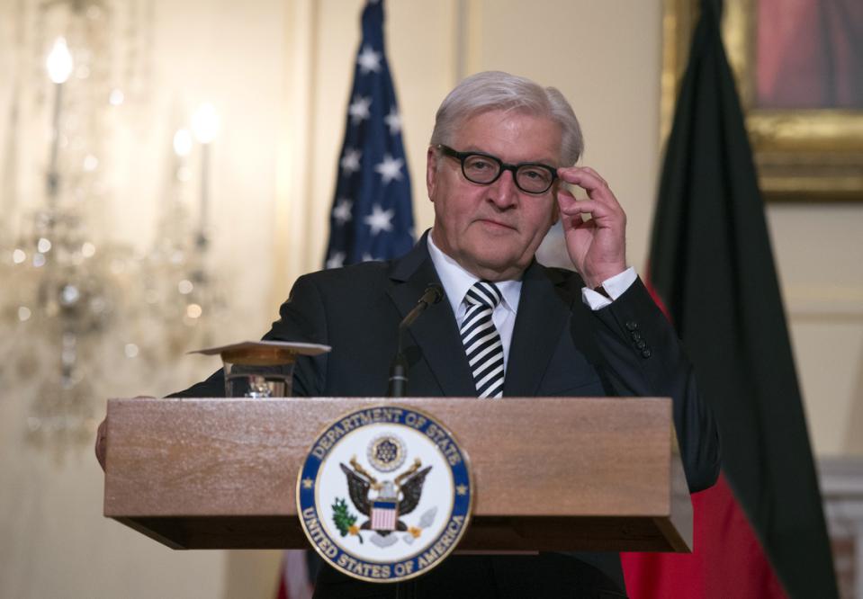 German Foreign Minister Frank-Walter Steinmeier speaks while meeting with Secretary of State John Kerry at the State Department in Washington, Wednesday, March 11, 2015. (AP Photo/Molly Riley)