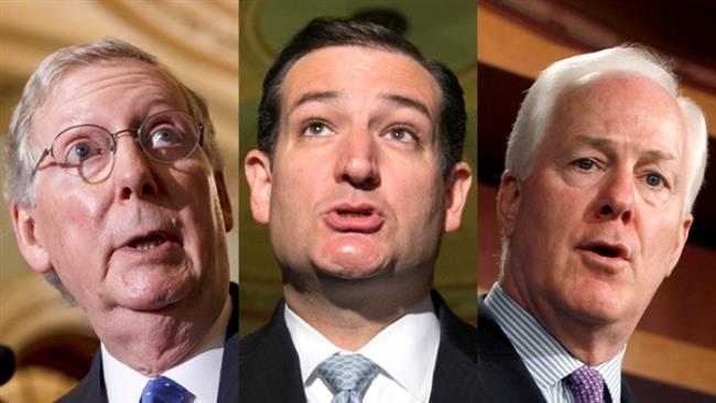 US Senate Majority Leader Mitch McConnell (left), Senator Ted Cruz (center) and Senator John Cornyn