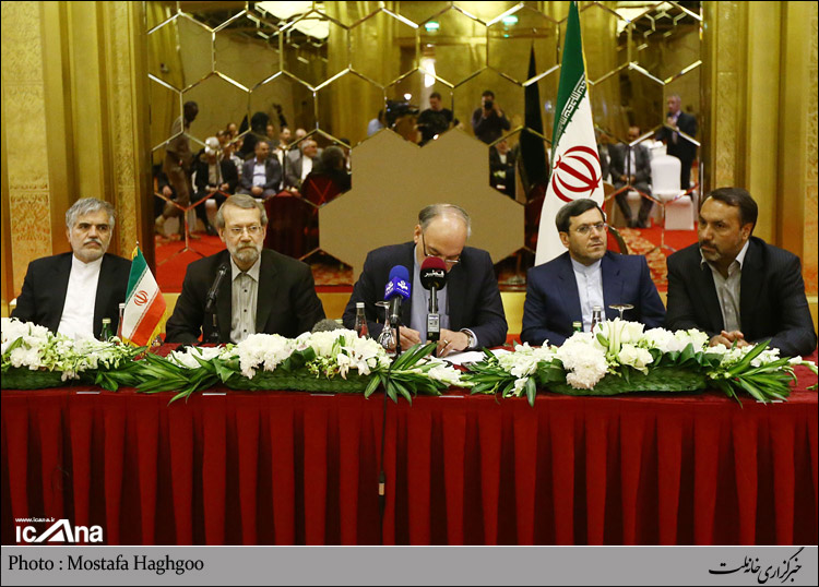 Iran's Majlis Speaker Ali Larijani attends a press conference in Doha on March 11, 2015.