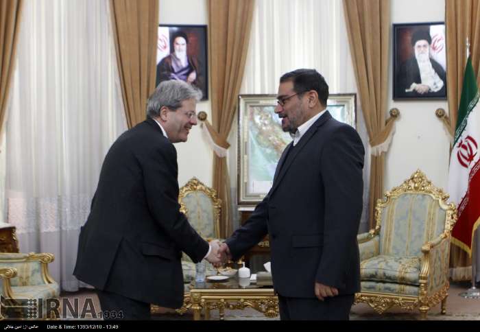 Secretary of Iran's Supreme National Security Council (SNSC) Ali Shamkhani meets Italian Foreign Minister Paolo Gentiloni in Tehran on March 1, 2015.
