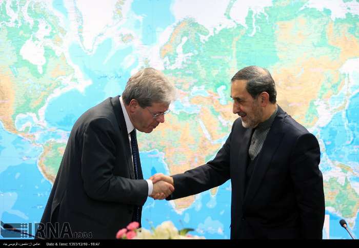 Head of the Center for Strategic Research of Iran's Expediency Council Ali-Akbar Velayati meets Italian Foreign Minister Paulo Gentiloni in Tehran on March 1, 2015.