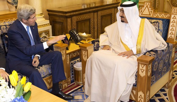 US Secretary of State John Kerry (L) meets Saudi King Salman bin Abdul-Aziz Al Saud Salman at Diriyah Farm in Diriyah, March 5, 2015. Kerry met Gulf Arab foreign ministers in Riyadh to brief them on progress in the nuclear talks with Iran and offer reassurance that any deal would not damage their interests. (photo by REUTERS/Evan Vucci)