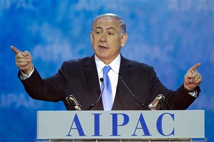 Israeli Prime Minister Benjamin Netanyahu gestures while speaking at the 2015 American Israel Public Affairs Committee (AIPAC) Policy Conference in Washington, Monday, March 2, 2015. (AP Photo/Cliff Owen)
