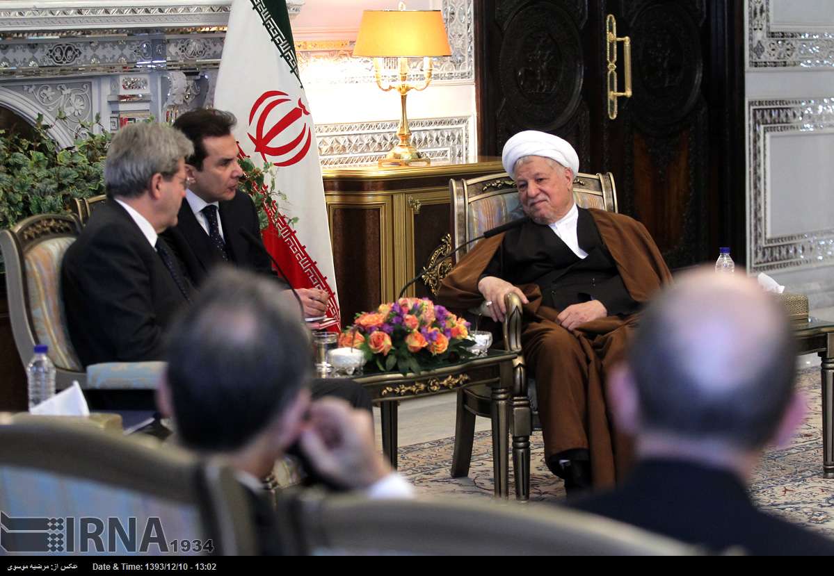 Expediency Council Chairman Ayatollah Akbar Hashemi Rafsanjani meets Italian Foreign Minister Paolo Gentiloni in Tehran on March 1, 2015.