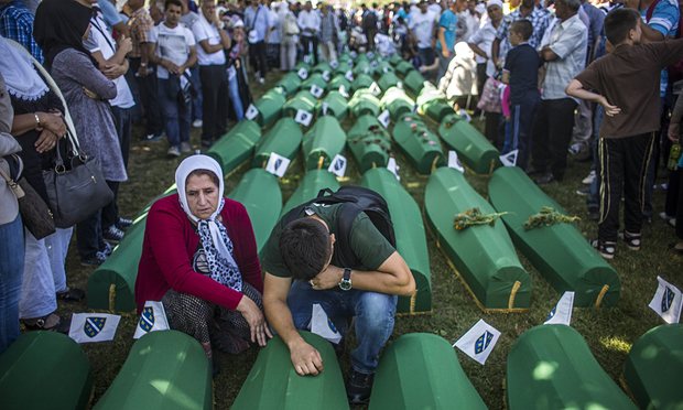 The mass funeral for 136 newly-identified victims of the 1995 Srebrenica massacre was attended by tens of thousands of mourners in July, 20 years after the atrocity. Photograph: Matej Divizna/Getty Images